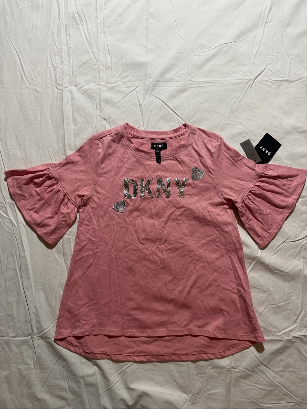 DKNY Girls Bell Sleeve Graphic T-Shirt Blush Pink Size L (12)